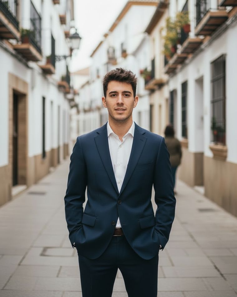 Después: la misma persona vestida de traje, ya como agente inmobiliario